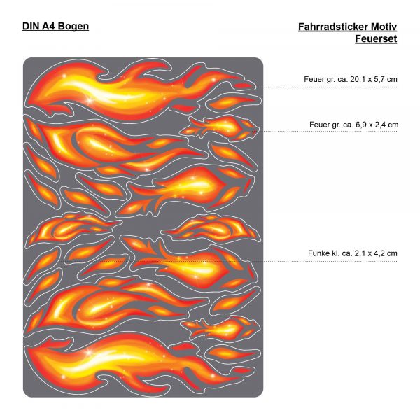 Auf dem Bild ist das Produkt: Fahrradaufkleber Flammen Feuer Fahrrad Sticker Fahrraddesign 22 Stück Sticker Geschenk zum Preis von €12.90 abgebildet.