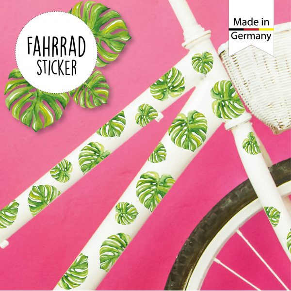 Auf dem Bild ist das Produkt: Fahrradaufkleber Monstera Blätter Farbig Fahrrad Sticker Fahrraddesign Kinderfahrrad, blumig zum Preis von €12.90 abgebildet.