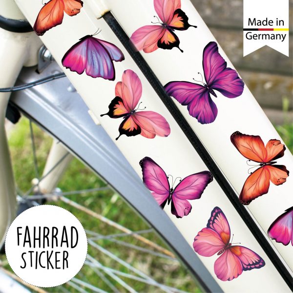 Auf dem Bild ist das Produkt: Fahrradaufkleber Rosa Schmetterlinge Fahrrad Sticker Fahrraddesign Kinderfahrrad, 34 Stück, Einschulung zum Preis von €12.90 abgebildet.