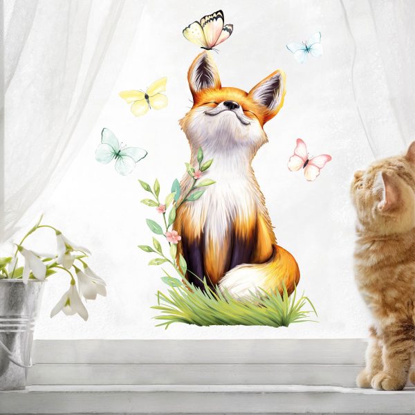 Auf dem Bild ist das Produkt: Fensterbild Frühling Fuchs Schmetterlinge Fensterdeko Kinderzimmer Fensterfolie zum Preis von €14.9 abgebildet.