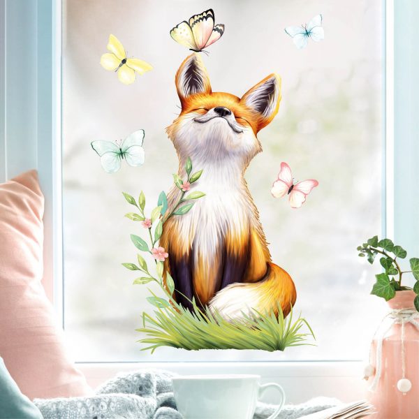 Auf dem Bild ist das Produkt: Fensterbild Frühling Fuchs Schmetterlinge Fensterdeko Kinderzimmer Fensterfolie zum Preis von €14.9 abgebildet.