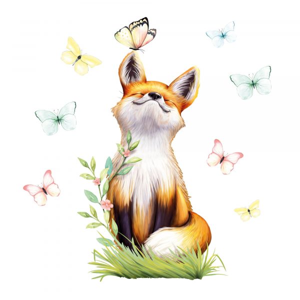 Auf dem Bild ist das Produkt: Fensterbild Frühling Fuchs Schmetterlinge Fensterdeko Kinderzimmer Fensterfolie zum Preis von €14.9 abgebildet.