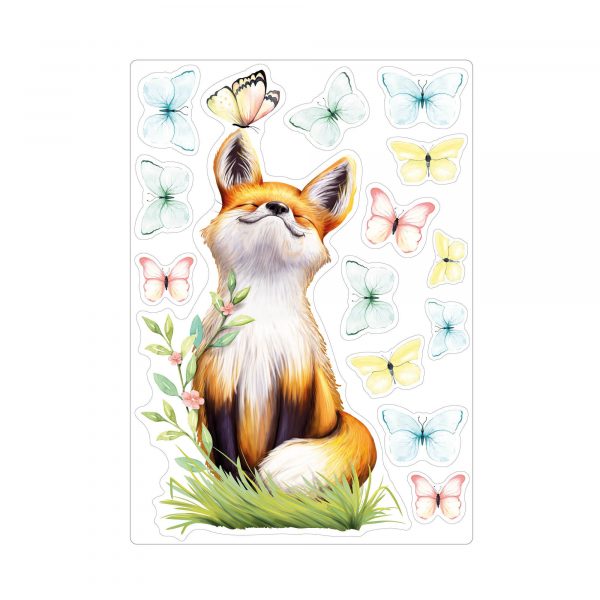 Auf dem Bild ist das Produkt: Fensterbild Frühling Fuchs Schmetterlinge Fensterdeko Kinderzimmer Fensterfolie zum Preis von €14.9 abgebildet.