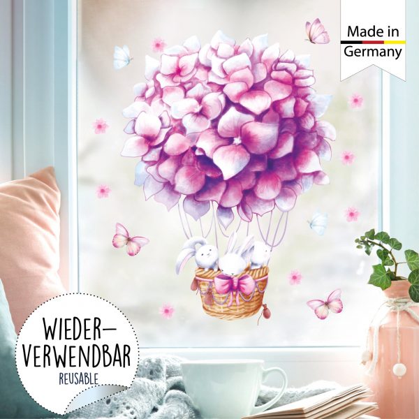 Auf dem Bild ist das Produkt: Fensterbild Frühling Heißluftballon rosa Hortensie mit Hasen Fensterdeko Kinderzimmer Kind Frühlingsdeko zum Preis von €14.9 abgebildet.