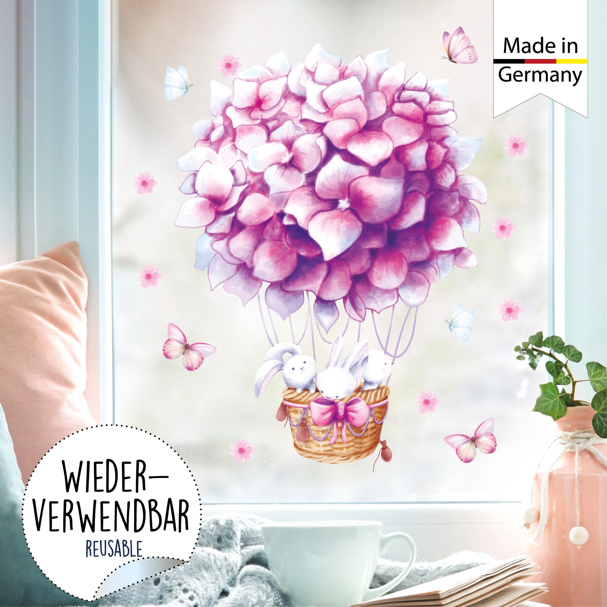 Fensterbild Frühling Heißluftballon rosa Hortensie mit Hasen Fensterdeko Kinderzimmer Kind Frühlingsdeko