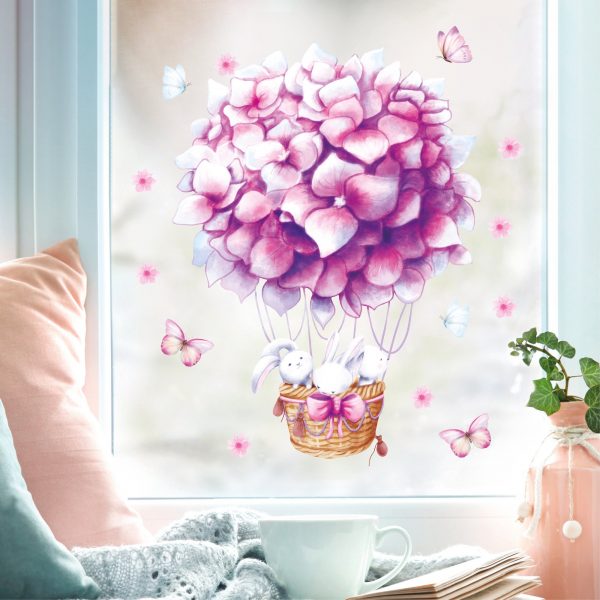 Auf dem Bild ist das Produkt: Fensterbild Frühling Heißluftballon rosa Hortensie mit Hasen Fensterdeko Kinderzimmer Kind Frühlingsdeko zum Preis von €14.9 abgebildet.