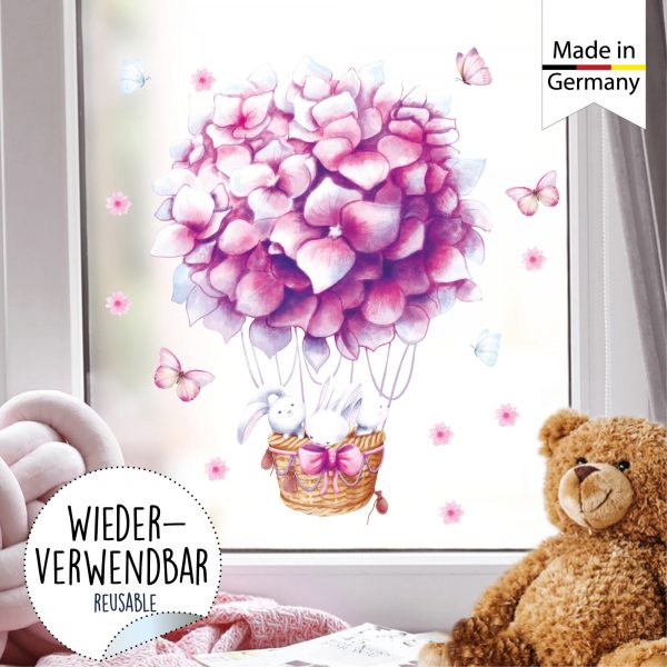 Auf dem Bild ist das Produkt: Fensterbild Frühling Heißluftballon rosa Hortensie mit Hasen Fensterdeko Kinderzimmer Kind Frühlingsdeko zum Preis von €14.9 abgebildet.