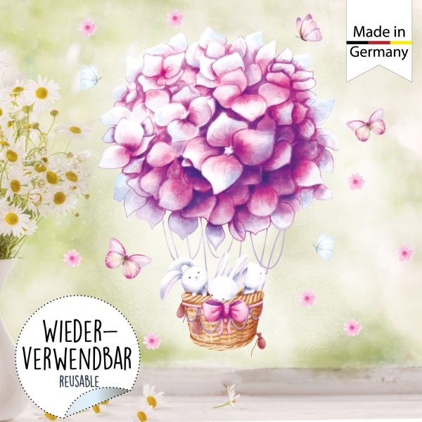 Auf dem Bild ist das Produkt: Fensterbild Frühling Heißluftballon rosa Hortensie mit Hasen Fensterdeko Kinderzimmer Kind Frühlingsdeko zum Preis von €14.9 abgebildet.