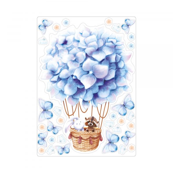 Auf dem Bild ist das Produkt: Fensterbild Frühling hellblauer Heißluftballon mit Waschbär und Hase Fensterdeko Kinderzimmer Kind, Frühlingsdeko zum Preis von €14.9 abgebildet.