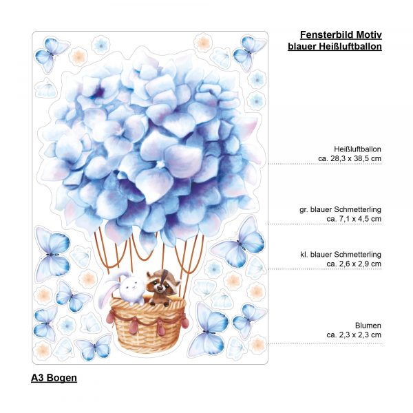 Auf dem Bild ist das Produkt: Fensterbild Frühling hellblauer Heißluftballon mit Waschbär und Hase Fensterdeko Kinderzimmer Kind, Frühlingsdeko zum Preis von €14.9 abgebildet.