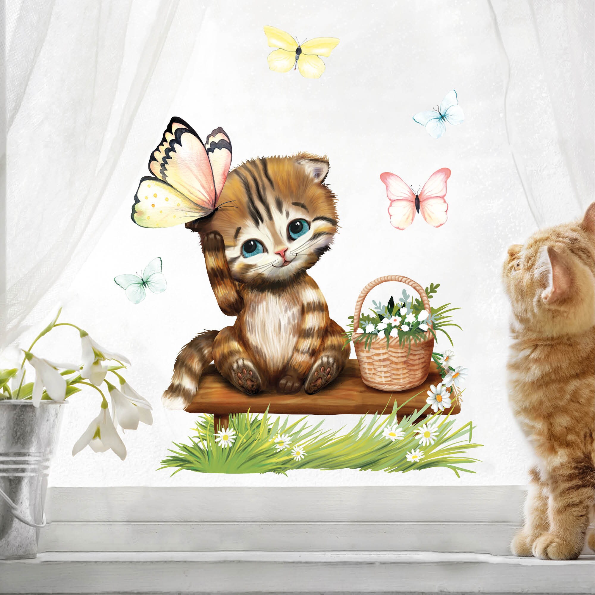 Fensterbild Frühling Katze Kätzchen mit Schmetterlingen Fensterdeko Kinderzimmer Kind, Frühlingsdeko, Osterdeko
