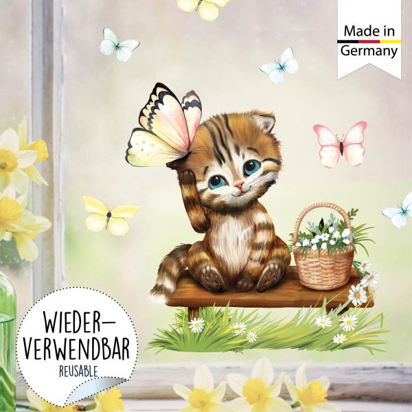 Auf dem Bild ist das Produkt: Fensterbild Frühling Katze Kätzchen mit Schmetterlingen Fensterdeko Kinderzimmer Kind, Frühlingsdeko, Osterdeko zum Preis von €13.9 abgebildet.