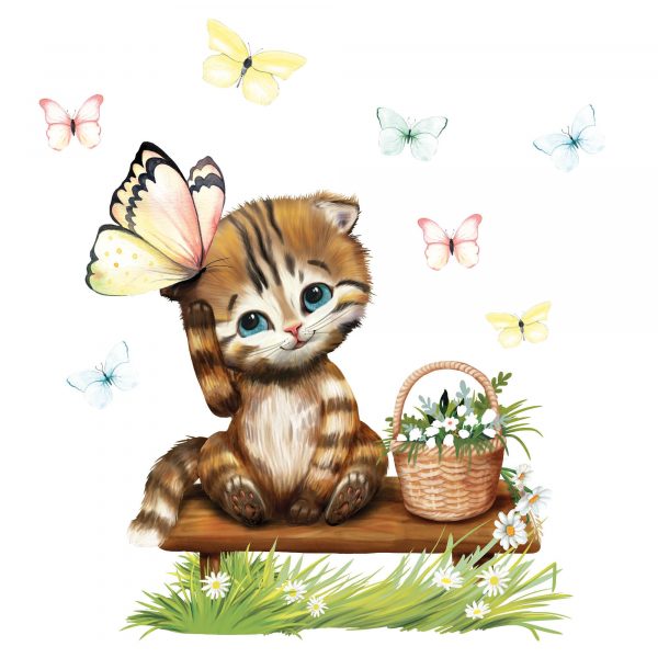 Auf dem Bild ist das Produkt: Fensterbild Frühling Katze Kätzchen mit Schmetterlingen Fensterdeko Kinderzimmer Kind, Frühlingsdeko, Osterdeko zum Preis von €13.9 abgebildet.