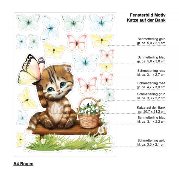 Auf dem Bild ist das Produkt: Fensterbild Frühling Katze Kätzchen mit Schmetterlingen Fensterdeko Kinderzimmer Kind, Frühlingsdeko, Osterdeko zum Preis von €13.9 abgebildet.
