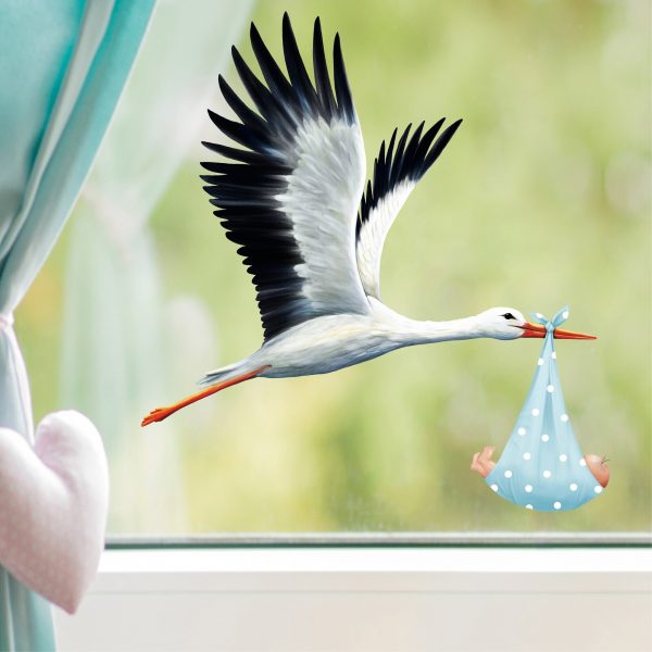 Auf dem Bild ist das Produkt: Fensterbild Frühling Klapperstorch Storch Baby Junge Geburt Fensterdeko Kinderzimmer Kind Osterdeko Frühlingsdeko zum Preis von €13.90 abgebildet.