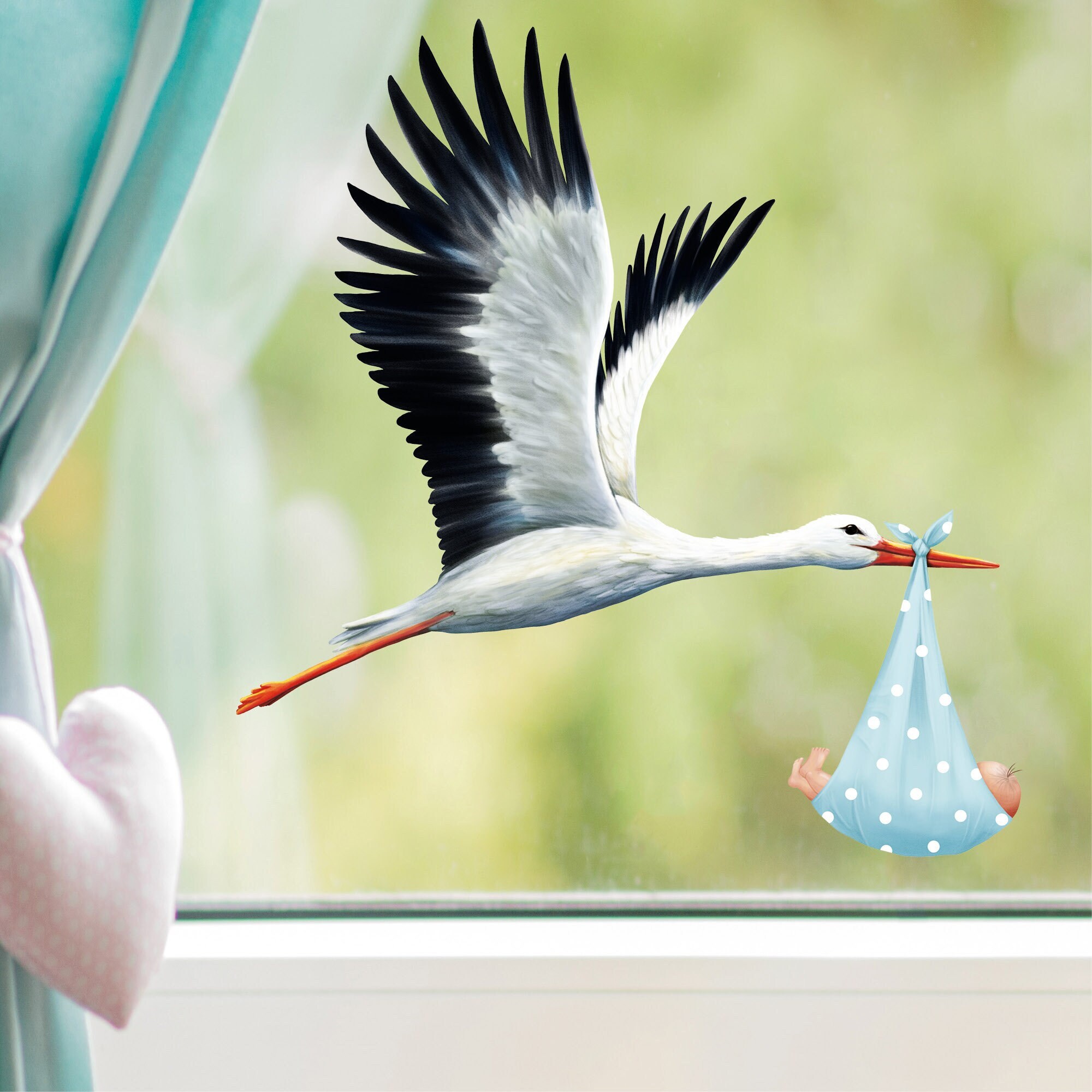Fensterbild Frühling Klapperstorch Storch Baby Junge Geburt Fensterdeko Kinderzimmer Kind Osterdeko Frühlingsdeko