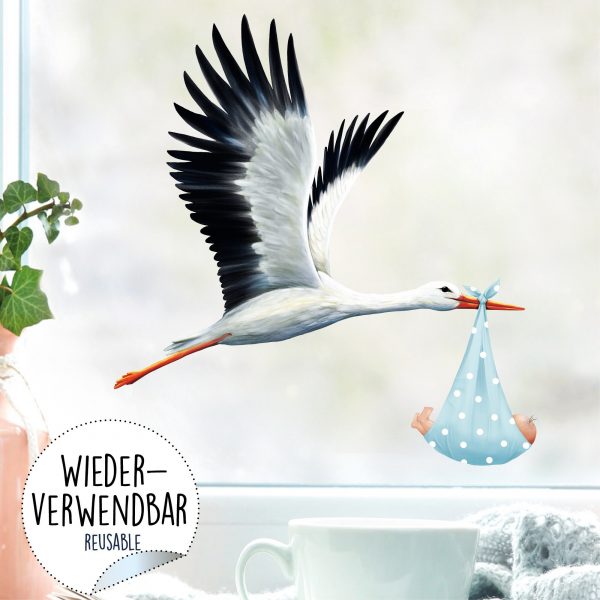 Auf dem Bild ist das Produkt: Fensterbild Frühling Klapperstorch Storch Baby Junge Geburt Fensterdeko Kinderzimmer Kind Osterdeko Frühlingsdeko zum Preis von €13.90 abgebildet.