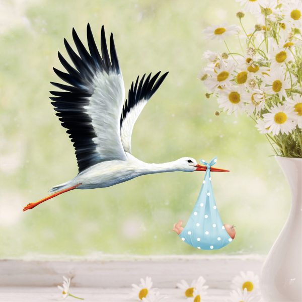 Auf dem Bild ist das Produkt: Fensterbild Frühling Klapperstorch Storch Baby Junge Geburt Fensterdeko Kinderzimmer Kind Osterdeko Frühlingsdeko zum Preis von €13.90 abgebildet.