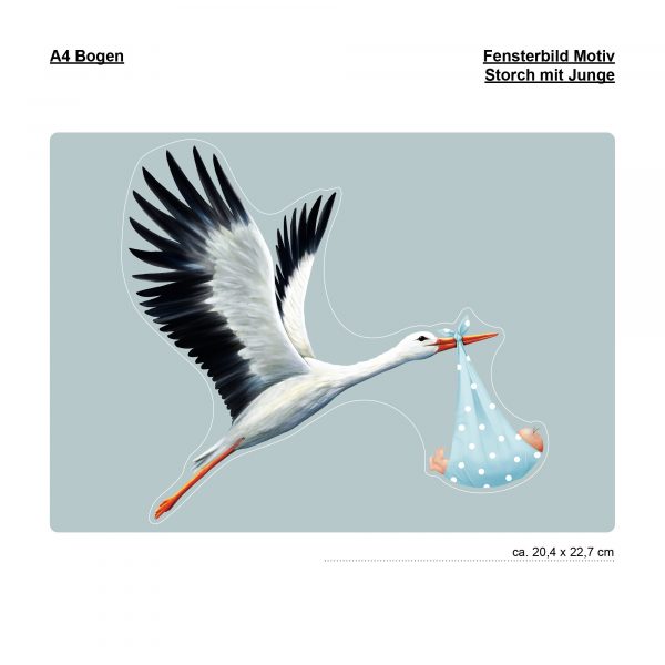 Auf dem Bild ist das Produkt: Fensterbild Frühling Klapperstorch Storch Baby Junge Geburt Fensterdeko Kinderzimmer Kind Osterdeko Frühlingsdeko zum Preis von €13.90 abgebildet.
