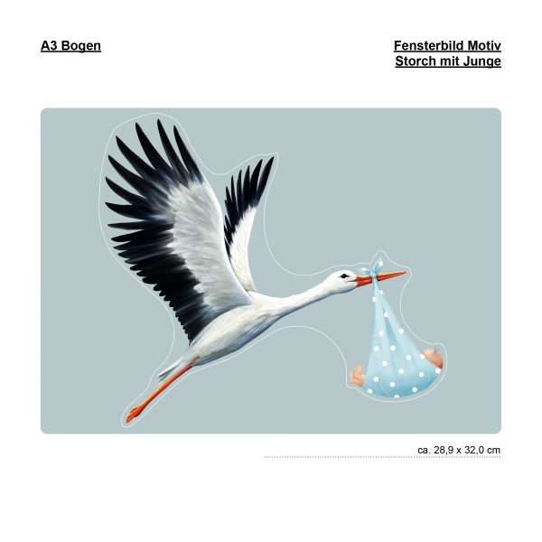 Auf dem Bild ist das Produkt: Fensterbild Frühling Klapperstorch Storch Baby Junge Geburt Fensterdeko Kinderzimmer Kind Osterdeko Frühlingsdeko zum Preis von €13.90 abgebildet.