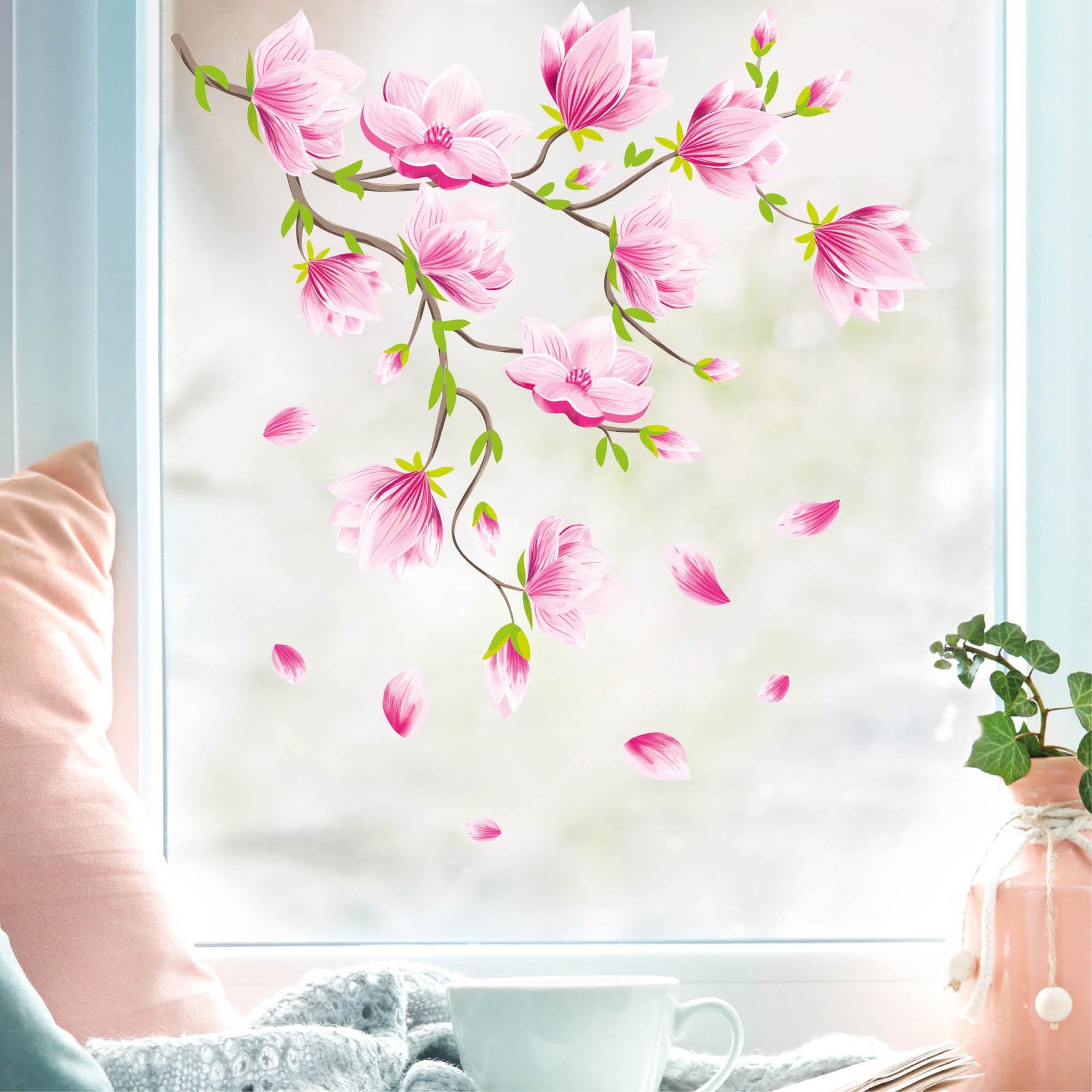 Fensterbild Frühling Ostern bunte Magnolien Blumenranke wiederverwendbar Fensterdeko Kinderzimmer Kind Frühlingsdeko