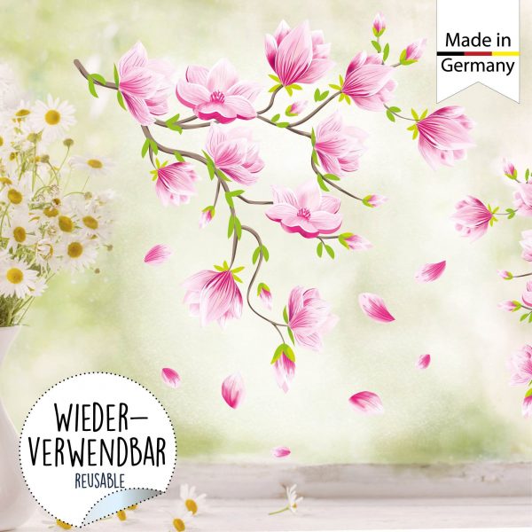 Auf dem Bild ist das Produkt: Fensterbild Frühling Ostern bunte Magnolien Blumenranke wiederverwendbar Fensterdeko Kinderzimmer Kind Frühlingsdeko zum Preis von €14.9 abgebildet.