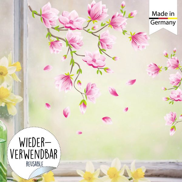 Auf dem Bild ist das Produkt: Fensterbild Frühling Ostern bunte Magnolien Blumenranke wiederverwendbar Fensterdeko Kinderzimmer Kind Frühlingsdeko zum Preis von €14.9 abgebildet.