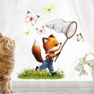 Auf dem Bild ist das Produkt: Fensterbild Frühling Ostern Fuchs Kescher Schmetterlinge Fensterdeko Kinderzimmer Kind, Osterdeko, Frühlingsdeko zum Preis von €14.9 abgebildet.