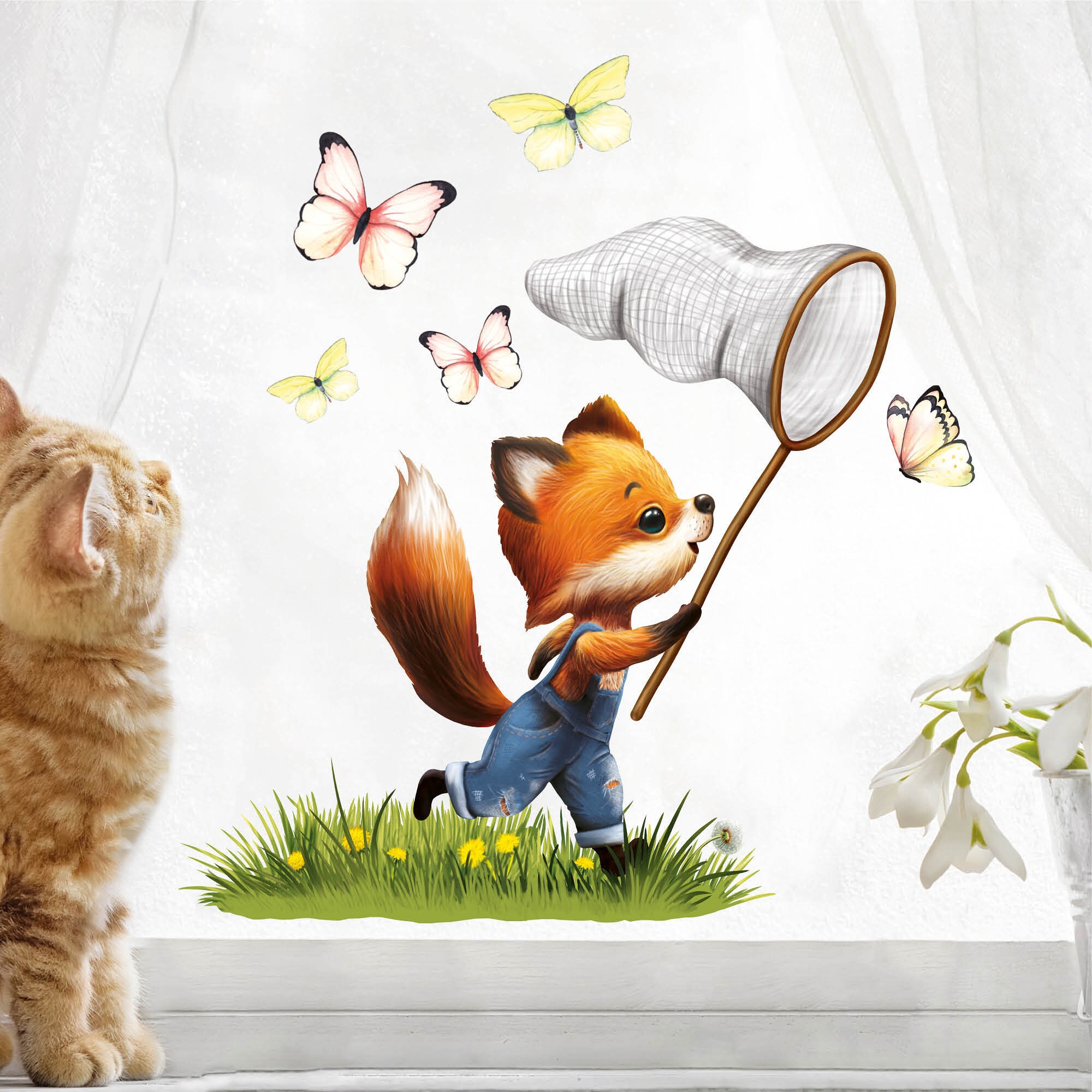 Fensterbild Frühling Ostern Fuchs Kescher Schmetterlinge Fensterdeko Kinderzimmer Kind, Osterdeko, Frühlingsdeko