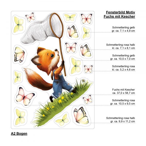 Auf dem Bild ist das Produkt: Fensterbild Frühling Ostern Fuchs Kescher Schmetterlinge Fensterdeko Kinderzimmer Kind, Osterdeko, Frühlingsdeko zum Preis von €14.9 abgebildet.