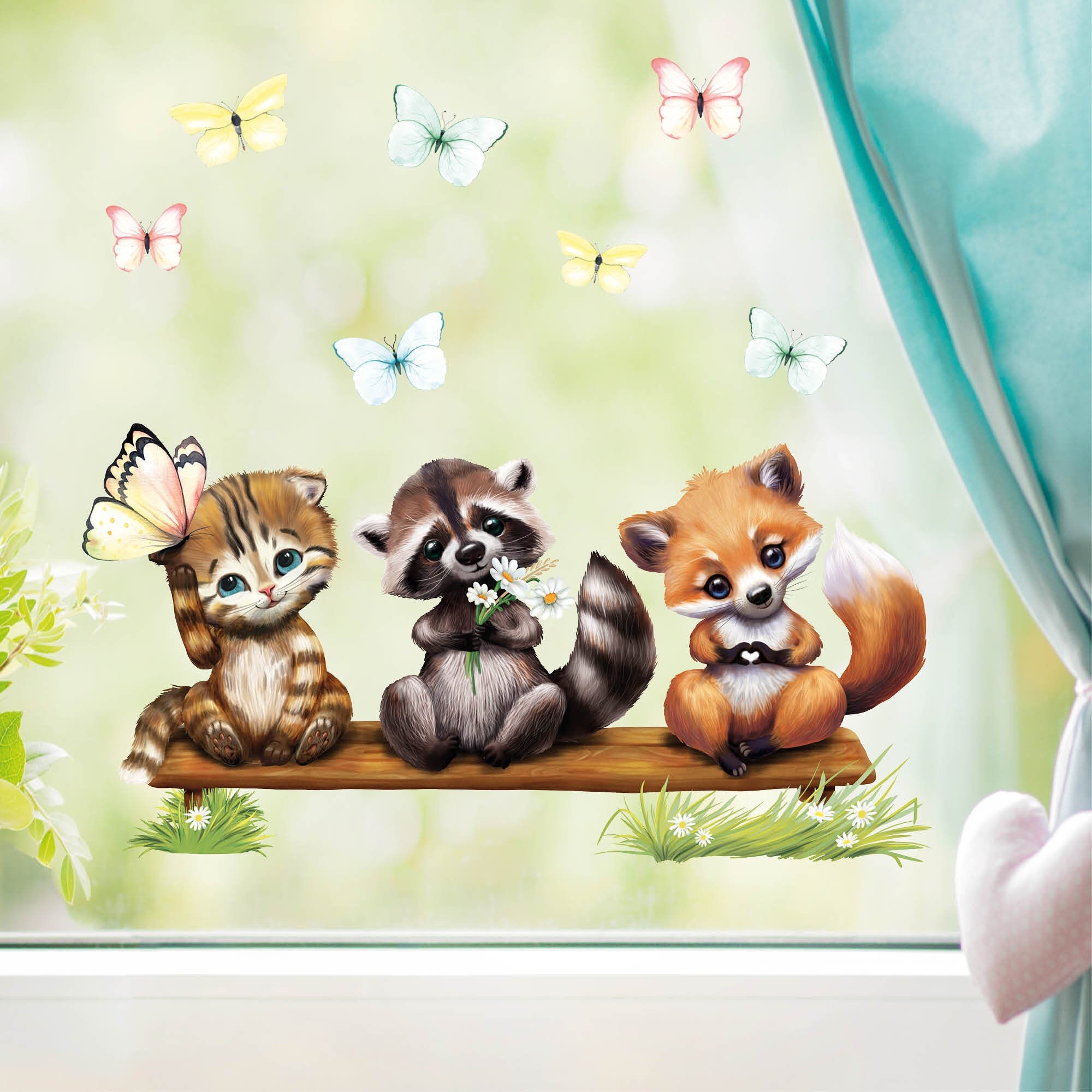 Fensterbild Frühling Ostern Wiederverwendbar Fuchs Waschbär Katze Schmetterlinge Fensterdeko Kinderzimmer Kind, Osterdeko, Frühlingsdeko
