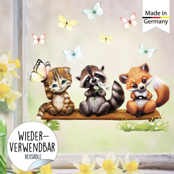 Auf dem Bild ist das Produkt: Fensterbild Frühling Ostern Wiederverwendbar Fuchs Waschbär Katze Schmetterlinge Fensterdeko Kinderzimmer Kind, Osterdeko, Frühlingsdeko zum Preis von €14.9 abgebildet.