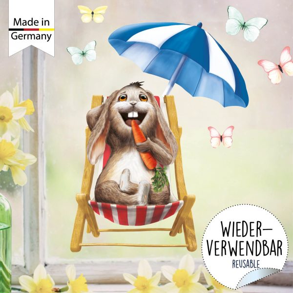 Auf dem Bild ist das Produkt: Fensterbild Frühling Wiederverwendbar Ostern Hase Liegestuhl Möhre Schmetterlinge Fensterdeko Kinder, Frühlingsdeko, Osterdeko zum Preis von €14.9 abgebildet.
