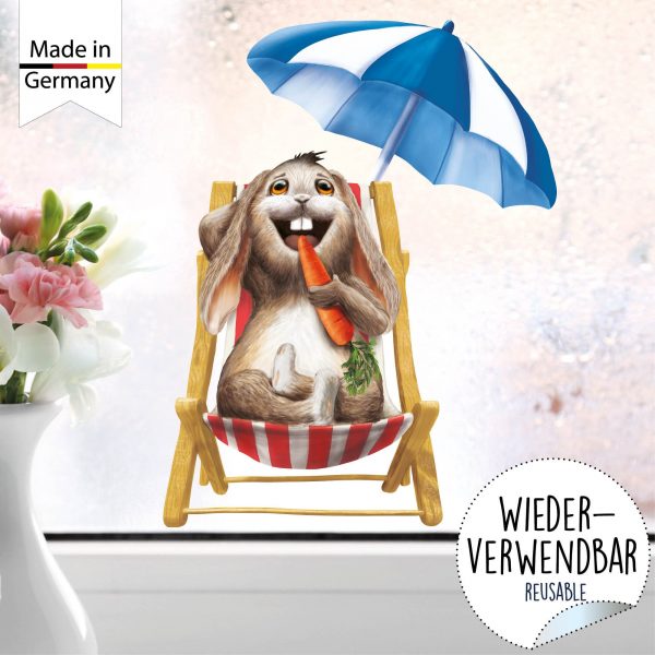 Auf dem Bild ist das Produkt: Fensterbild Frühling Wiederverwendbar Ostern Hase Liegestuhl Möhre Schmetterlinge Fensterdeko Kinder, Frühlingsdeko, Osterdeko zum Preis von €14.9 abgebildet.