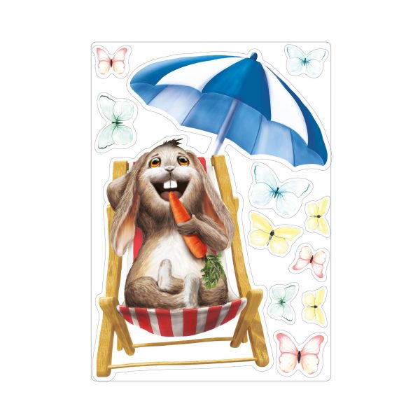 Auf dem Bild ist das Produkt: Fensterbild Frühling Wiederverwendbar Ostern Hase Liegestuhl Möhre Schmetterlinge Fensterdeko Kinder, Frühlingsdeko, Osterdeko zum Preis von €14.9 abgebildet.