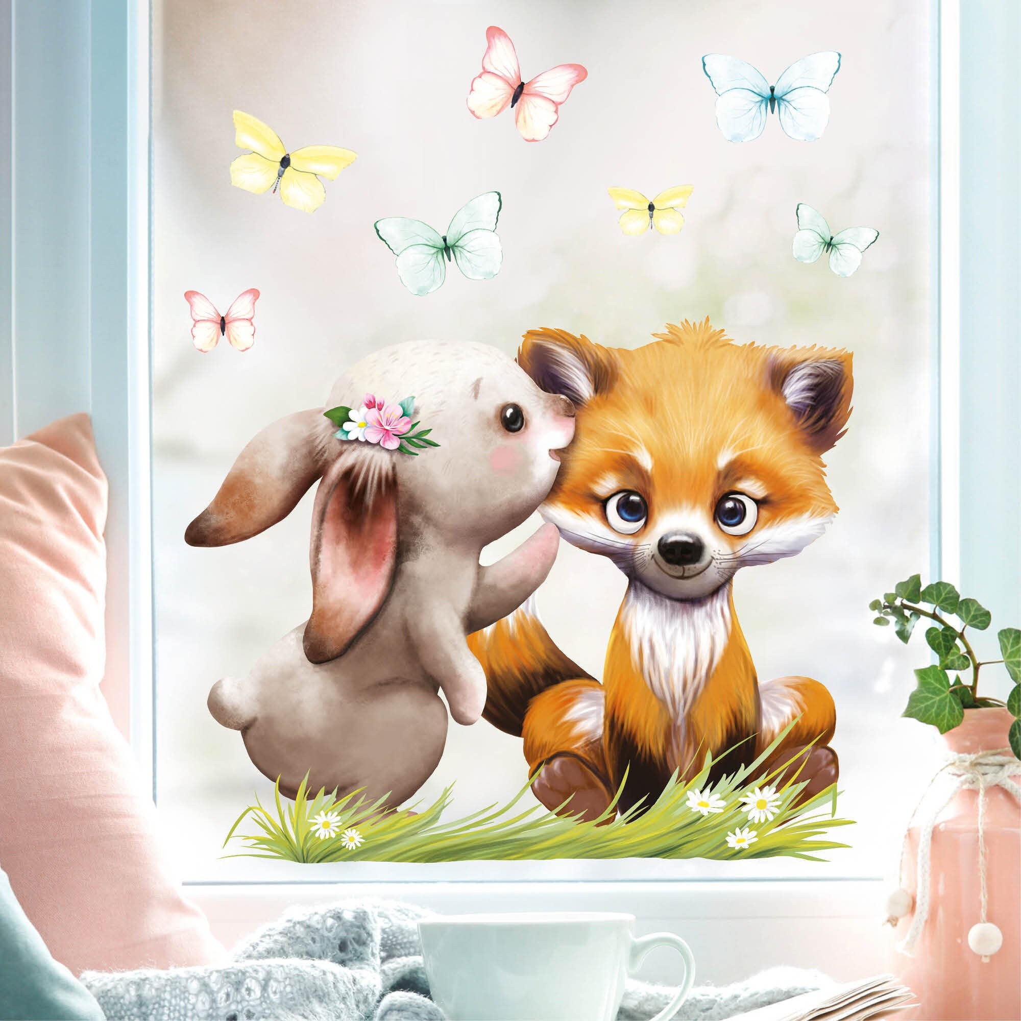 Fensterbild Frühling Ostern Wiederverwendbar Hase und Fuchs mit Schmetterlingen Fensterdeko Kinder, Frühlingsdeko, Osterdeko Kinderzimmer