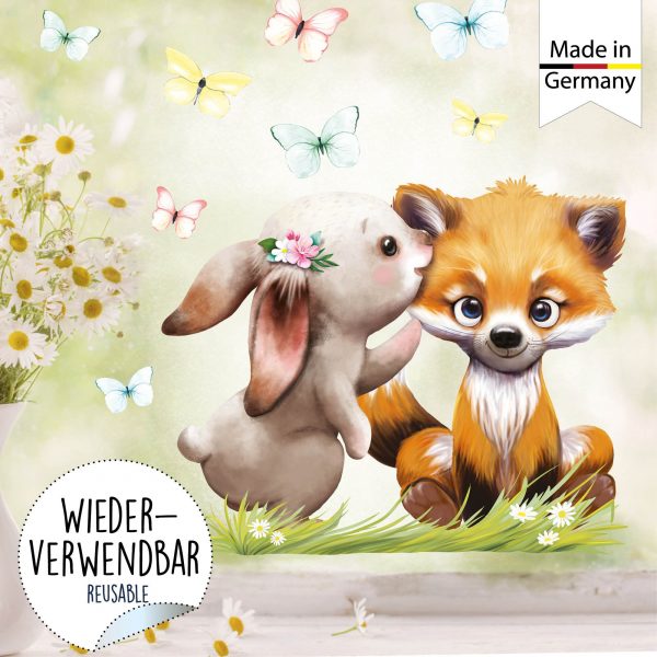 Auf dem Bild ist das Produkt: Fensterbild Frühling Ostern Wiederverwendbar Hase und Fuchs mit Schmetterlingen Fensterdeko Kinder, Frühlingsdeko, Osterdeko Kinderzimmer zum Preis von €14.9 abgebildet.