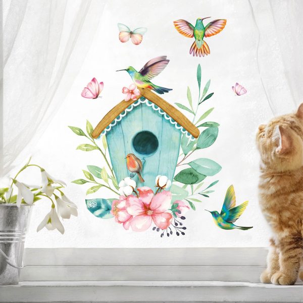 Auf dem Bild ist das Produkt: Fensterbild Frühling Vogelhäuschen mit Vögeln und Schmetterlingen Fensterdeko Kinderzimmer Kind, Frühlingsdeko, Osterdeko zum Preis von €13.9 abgebildet.
