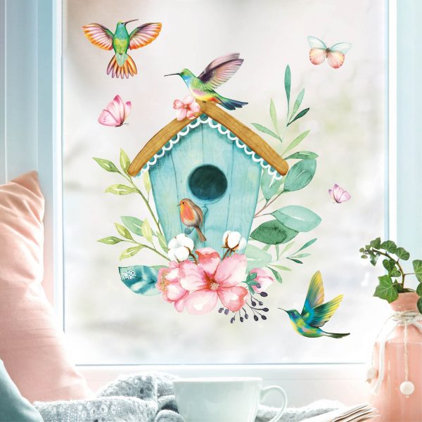 Auf dem Bild ist das Produkt: Fensterbild Frühling Vogelhäuschen mit Vögeln und Schmetterlingen Fensterdeko Kinderzimmer Kind, Frühlingsdeko, Osterdeko zum Preis von €13.9 abgebildet.
