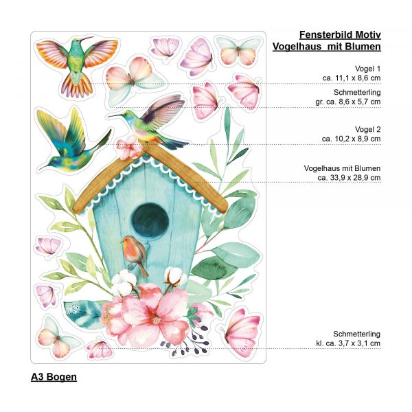 Auf dem Bild ist das Produkt: Fensterbild Frühling Vogelhäuschen mit Vögeln und Schmetterlingen Fensterdeko Kinderzimmer Kind, Frühlingsdeko, Osterdeko zum Preis von €13.9 abgebildet.
