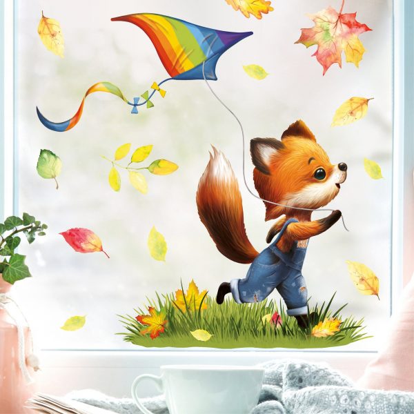 Auf dem Bild ist das Produkt: Fensterbild Herbst Herbstblätter Fuchs mit Drachen, bunt wiederverwendbare Fensteraufkleber Kinderzimmer Baby Kind zum Preis von €13.90 abgebildet.