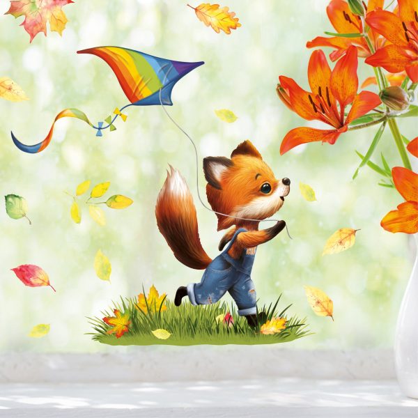 Auf dem Bild ist das Produkt: Fensterbild Herbst Herbstblätter Fuchs mit Drachen, bunt wiederverwendbare Fensteraufkleber Kinderzimmer Baby Kind zum Preis von €13.90 abgebildet.