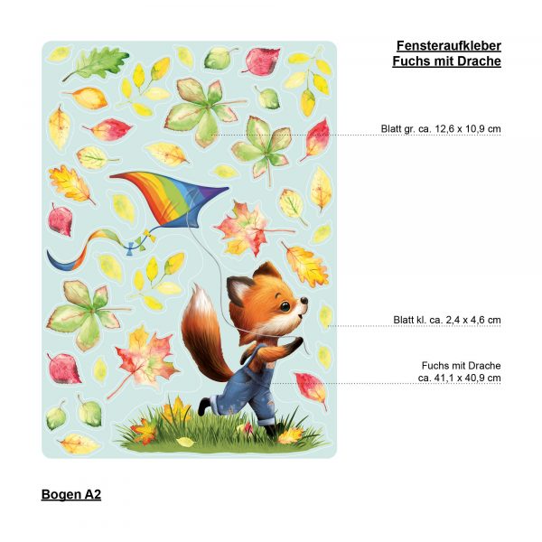 Auf dem Bild ist das Produkt: Fensterbild Herbst Herbstblätter Fuchs mit Drachen, bunt wiederverwendbare Fensteraufkleber Kinderzimmer Baby Kind zum Preis von €13.90 abgebildet.