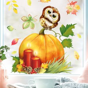 Auf dem Bild ist das Produkt: Fensterbild Herbst Herbstfrüchte Herbstblätter Kürbis mit Eule Halloween bunt wiederverwendbare Fensteraufkleber Kinderzimmer Baby Kind zum Preis von €13.90 abgebildet.