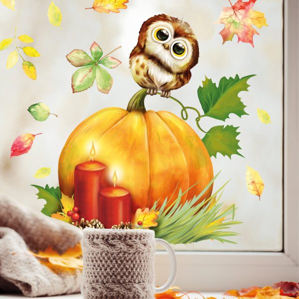 Auf dem Bild ist das Produkt: Fensterbild Herbst Herbstfrüchte Herbstblätter Kürbis mit Eule Halloween bunt wiederverwendbare Fensteraufkleber Kinderzimmer Baby Kind zum Preis von €13.90 abgebildet.