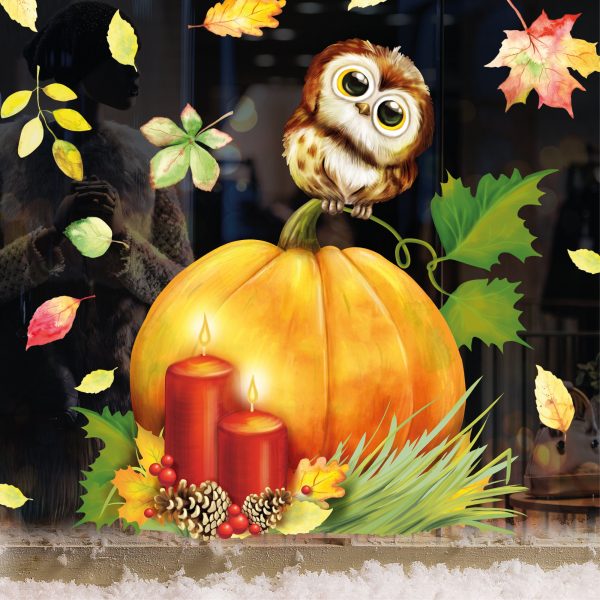 Auf dem Bild ist das Produkt: Fensterbild Herbst Herbstfrüchte Herbstblätter Kürbis mit Eule Halloween bunt wiederverwendbare Fensteraufkleber Kinderzimmer Baby Kind zum Preis von €13.90 abgebildet.