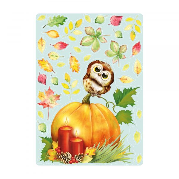 Auf dem Bild ist das Produkt: Fensterbild Herbst Herbstfrüchte Herbstblätter Kürbis mit Eule Halloween bunt wiederverwendbare Fensteraufkleber Kinderzimmer Baby Kind zum Preis von €13.90 abgebildet.