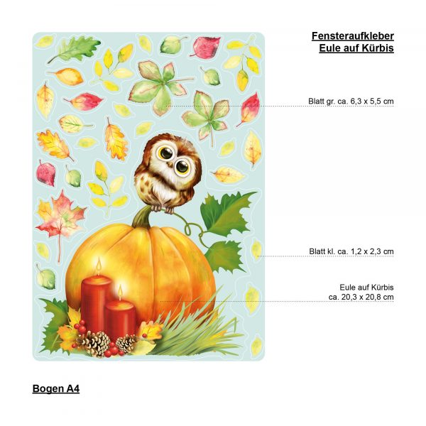 Auf dem Bild ist das Produkt: Fensterbild Herbst Herbstfrüchte Herbstblätter Kürbis mit Eule Halloween bunt wiederverwendbare Fensteraufkleber Kinderzimmer Baby Kind zum Preis von €13.90 abgebildet.