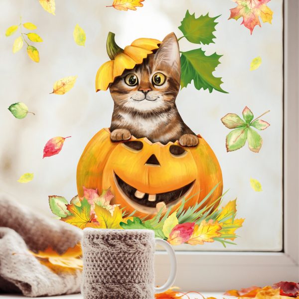 Auf dem Bild ist das Produkt: Fensterbild Herbst Herbstfrüchte Herbstblätter Kürbis mit Katze Halloween bunt wiederverwendbare Fensteraufkleber Kinderzimmer Baby Kind zum Preis von €14.9 abgebildet.