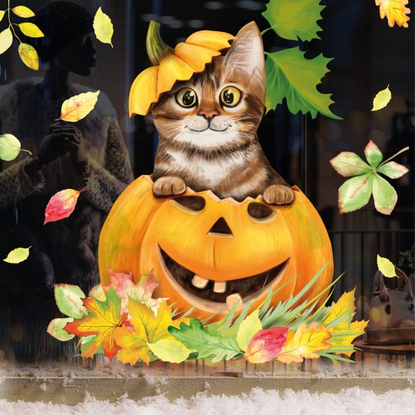 Auf dem Bild ist das Produkt: Fensterbild Herbst Herbstfrüchte Herbstblätter Kürbis mit Katze Halloween bunt wiederverwendbare Fensteraufkleber Kinderzimmer Baby Kind zum Preis von €14.9 abgebildet.